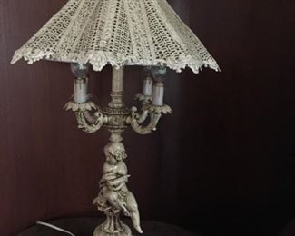 French Provincial metal cherub lamp with metal lace shade $99