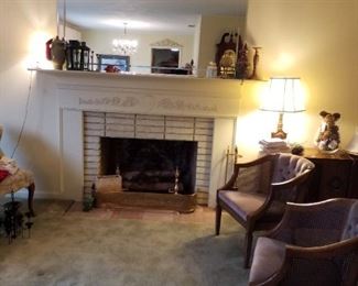 Practical pair of matching upholstered occasional chairs, large decorative glass urn/vase, very interesting mantel items, large rectangular ceramic vase