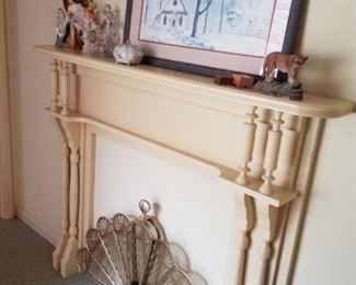 Brass fan fireplace screen, vintage wooden fireplace surround, church artwork, angels, handpainted china powder box/pinbox, 2 small wood music boxes, ceramic bobcat figurine by Sadek by Andrea