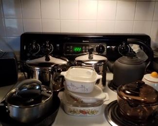 Calphalon teakettle, made in Ireland, vintage Corningware, Pyrex Vision sauce pot