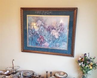 Great vintage console/sofa table, Lena Liu "Iris Garden", signed & numbered, silverplate serveware, forged aluminum serveware