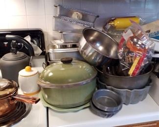 Club brand Dutch oven, Southern Living at Home sage green pie plate, heavy weight Bundt pan, cookie cutters, angel food cake pan, loaf pans, round cake pans, vintage covered cake pan, stainless mixing bowl
