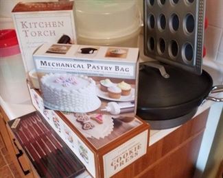 Detail of Williams-Sonoma items, Calphalon skillet, grill surface skillet