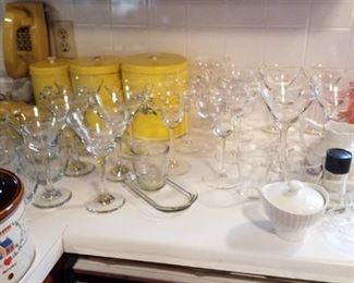 Martini glasses, margarita glasses, stemless wine glasses, vintage canister set, crockette