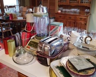 Vintage pop-up toaster, vintage blender, red wine carafe, Saltine tin, Thermos small bottle, large Thermos carafe with bail handle