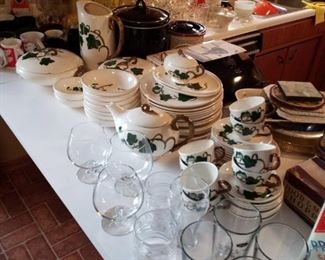 Metlox Poppy Trail California Ivy ceramic dishes, set of 4 Bad Dog glass tumblers