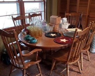 Waterproof tabletop, 1 leaf, 2 captain's chairs, & 4 side chairs, vintage amber tumblers, blue star, red star, & galvanized chargers, Southern Living at Home Tuscan Tidbit bowl with saucer-set of 2