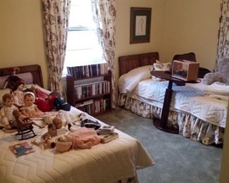 Twin pair wood headboards, metal frame, & twin mattresses, twin bedding, paperback wood bookcase