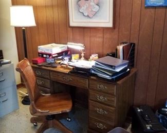 Office desk, cane back office chair, brief & file cases, office supplies, vintage floor lamp