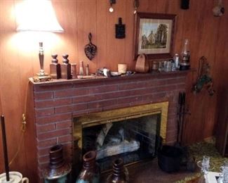 Vintage Yale brand locks & keys, vintage churn with lid & plunger, fireplace set, small black cauldron, wood mantle decor, original watercolor by C. H. Cook, brass lamp