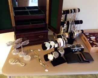 Bombay Company jewelry cabinet, Brighton dragonfly earring & jewelry stands, Fossil watches, leather wallets, costume & fine jewelry