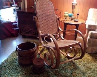 Thonet-style bentwood & cane rocker, "firkin" wood baskets-larger size-SOLD, drop-leaf side table, brass lamp