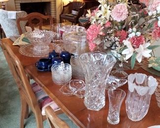 Apple-shaped luncheon plates, matching apple-shaped salad/dessert bowls, navy Fiesta creamer & sugar with underplate, and salt & pepper shaker set, silk floral centerpiece, crystal serving bowl & matching platter/cake plate, polished silvertone pedestal cake plate with glass dome, detail of vases