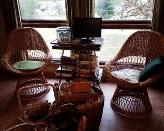 Misc. baskets, great vintage natural woven wicker accent chairs, made in Yugoslavia, Cosco kitchen cart, misc. cookbooks, turntable, LCD TV