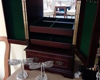 Bombay Company jewelry cabinet, Brighton earring holders, dragonfly motif