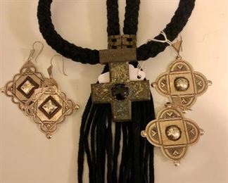 Sterling silver earrings and cord/cross necklace