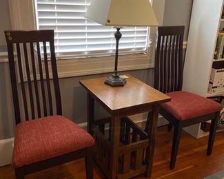 Newly recovered seats on modern Italian chairs, Mission style side table & lamp from The Grove Park Inn