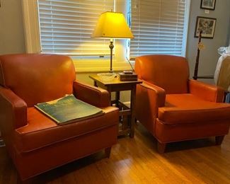 Leather chairs, solid oak side table & lamps originally from Grove Park Inn