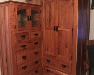 Handcrafted Mission style cherry corner cabinet. Made by the Amish, $8,000 new.  It lights up inside and comes apart in two pieces.  Mint condition.