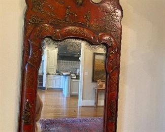 Antique Red Lacquered Chinoiserie Wall Mirror