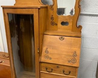 Secretary with side cabinet w/curved glass door