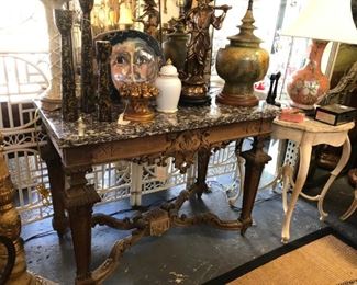19th Century bleached walnut English carved console with stone top.