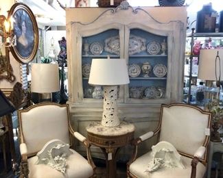 Painted French cabinet, pair of fauteuils.