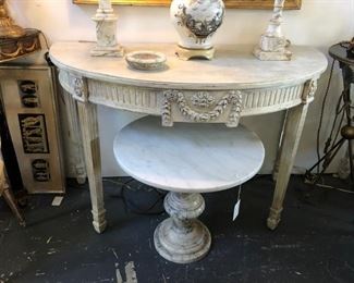 Pair! of painted demilunes, over pair! of alabaster accent tables with Carrara marble tops.