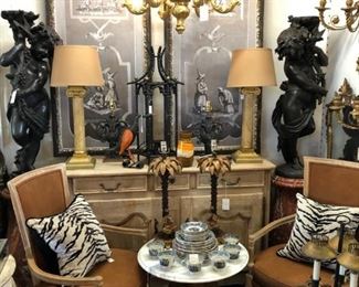 Pair of painted Chinoiserie panels, 18th Century French buffet, pair of Italian armchairs.