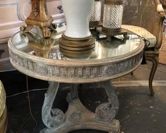 Classical form end table, pickled finish, aged mirror top.