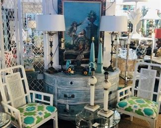 Pair of lacquer armchairs by Century, blue painted demilune chest, 18th century French oil on canvas.