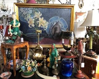 Oil on Canvas still life by Gertrude S. Barnes, Italian accent table, oversized pair 19th century Chinese mud-men.