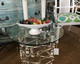 Stacked block Lucite table with round glass top.