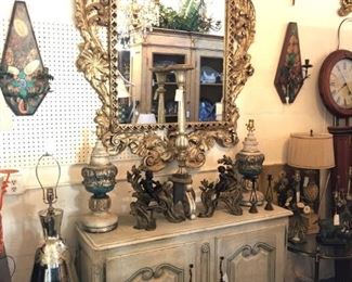 Large scale carved silvergilt mirror, painted French enfilade, pair of early 19th century bronze chenets.