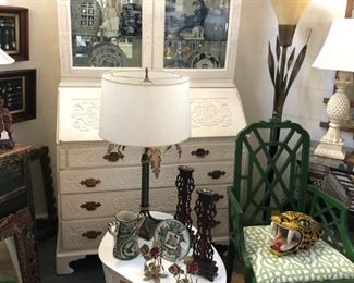 19th century painted secretaire, pair of green lacquer armchairs by Century, free form lacquered table, art deco torchiere, eglomise painting.
