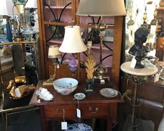 19th century mahogany tea table , satinwood bookcase cabinet, blue and white porcelain garden stool, fine bronze and art glass lamp, bronze bust.