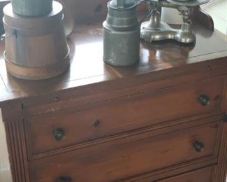 Antique Fairbanks scale w/weights, sugar bucket, lard bucket, lunch pail and Maryland-made 3 drawer server