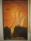 FRAMED OIL ON CANVAS, TWO STEERS, SIGNED BY DULANEY 31X19 , ORANGE SKY