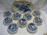 FLORENCE TRANSFER WARE , MADE IN ENGLAND, ONE LARGE PLATTER 14 INCHES LONG, AND NINE 6 INCH MATCHING BOWLS