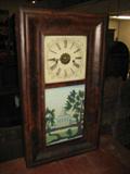 ANTIQUE EMPIRE OGEE CLOCK, BRASS CLOCK WORKS, MADE BY E.N WELSH, HAS THE WEIGHTS, THE PENDULUM, WITH A NICE REVERSE PAINTING ON THE FRONT DOOR , GOOD WOOD WORK , RUNNING WELL NOW, 29 INCHES TALL, 16 X 4 INCHES