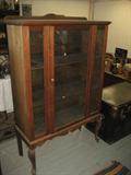SOLID WALNUT CHINA CLOSET, WITH CABRIOLE LEGS, 65X41X16 INCHES 1, ALL THE GLASS IS GOOD
