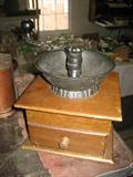 VINTAGE COFFEE GRINDER, MARKED, OLD THOMSON COFFEE MILL, WOOD BASE, IRON TOP
