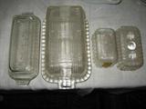 GROUP LOT OF , TWO BUTTER DISHES WITH LIDS, AND TWO DIFFERENT EXTRA BUTTER DISH TOPS