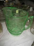 GREEN DEPRESSION GLASS WATER PITCHER WITH A ICE LIP