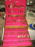 BOX SET, OF 144 PIECE SETTING OF BRONZE FLATWARE IN TEAKWOOD BOX CASE WITH THREE LAYERS LINED OF VELVET AND GROOVED FOR THE TWELVE PLACE SETTINGS. MANY SERVING PIECES.