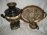 COPPER AND ENAMEL SET, ONE LARGE SAMAVOUR WITH TRAY AND COFFEE POT