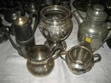 SILVER PLATE SHAKER, TEAPOT, CREAMER AND SUGAR AND FLOWER VASE, TOTAL OF 5 PIECES