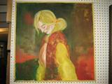 BLOND GIRL OIL ON CANVAS , UNSIGNED, FRAMED PAINTING , 29 INCH SQUARE