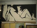 LARGE OIL ON CANVAS PAINTING , BLACK AND WHITE OF NUDE LADY, UNSIGNED , MEASURES 25X52