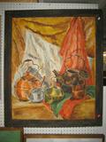 STILL LIFE OF TEAPOTS , OIL ON BOARD, SIGNED SCHWENK ON THE CORNER, FRAMED , 38X32 INCHES